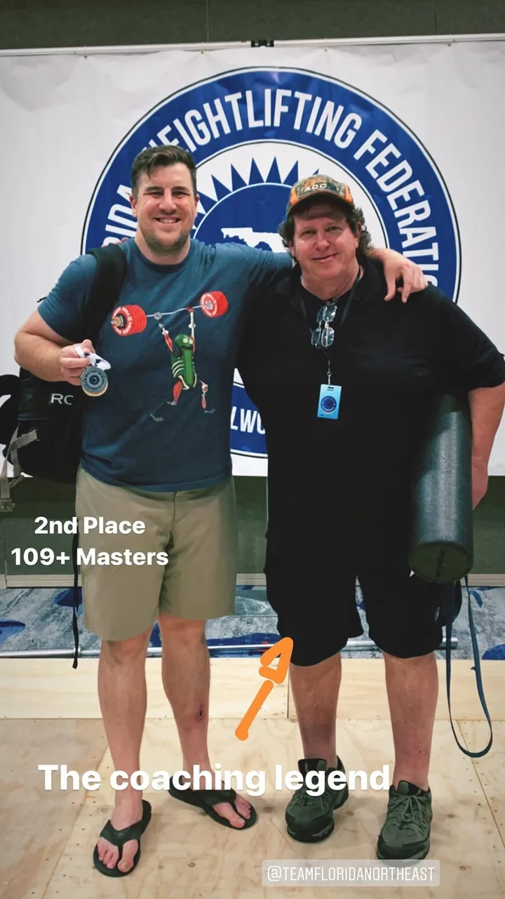 Coach Hanson with a TFNE masters lifter after a second-place finish at a Florida Weightlifting Federation meet